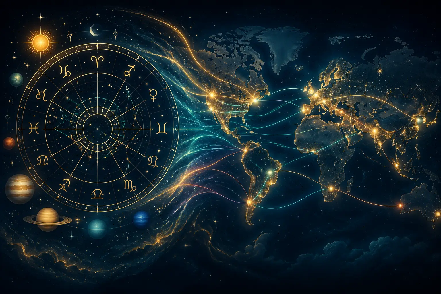 Astrocartography map showing planetary lines projected across a world map